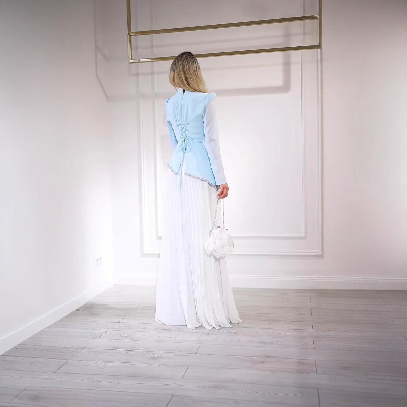 Women's Long Sleeve Sequin Pleated Maxi Dress – Elegant Blue & White Wedding Gown
