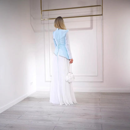 Women's Long Sleeve Sequin Pleated Maxi Dress – Elegant Blue & White Wedding Gown