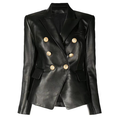 Women's Leather Jacket with Faux Fur - Slim Fit Long Sleeve Coat