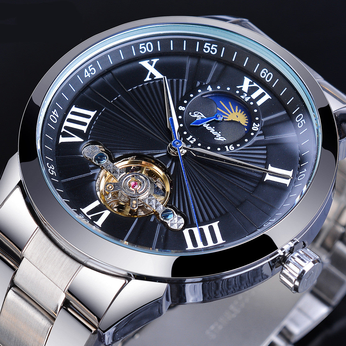 Men's Automatic Mechanical Watch - Moon Phase, 30M Water Resistant, 43mm Stainless Steel