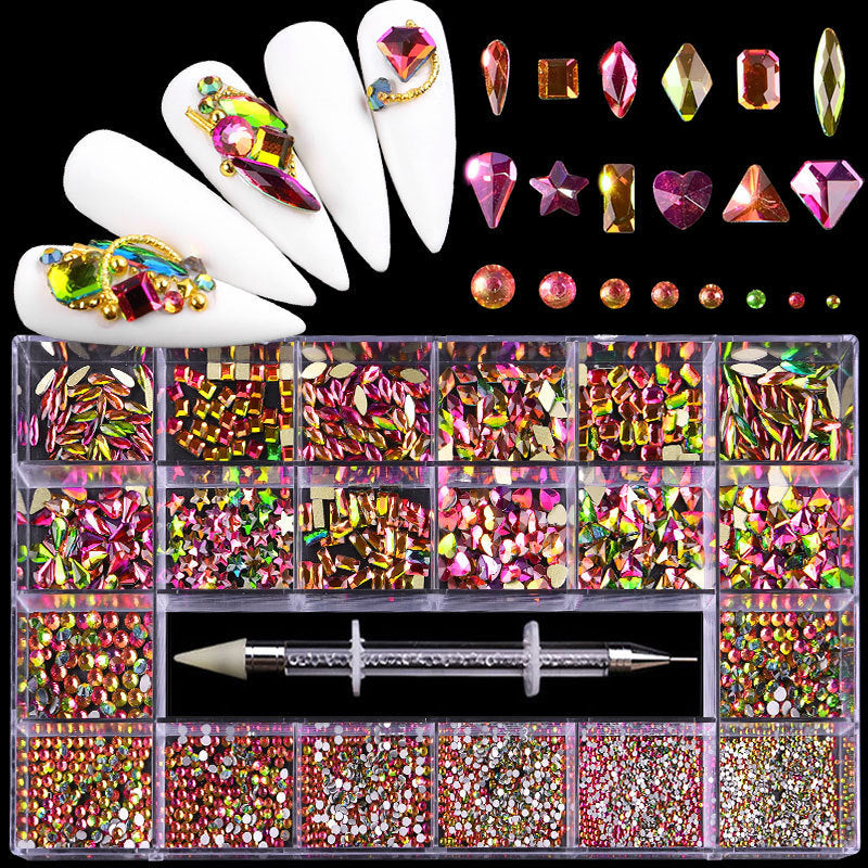 21-Grid Nail Rhinestone Decoration Set - Flat Glass Acrylic Nail Art Jewelry