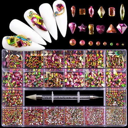 21-Grid Nail Rhinestone Decoration Set - Flat Glass Acrylic Nail Art Jewelry