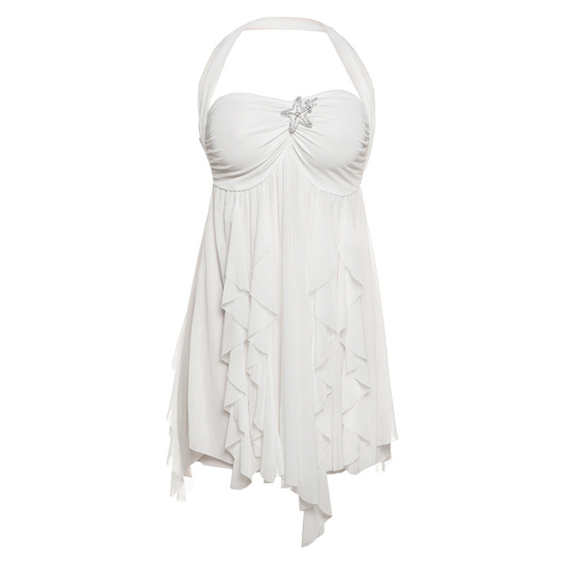 Halter Neck Backless Dress - Printed Irregular Mesh Short Dress for Summer