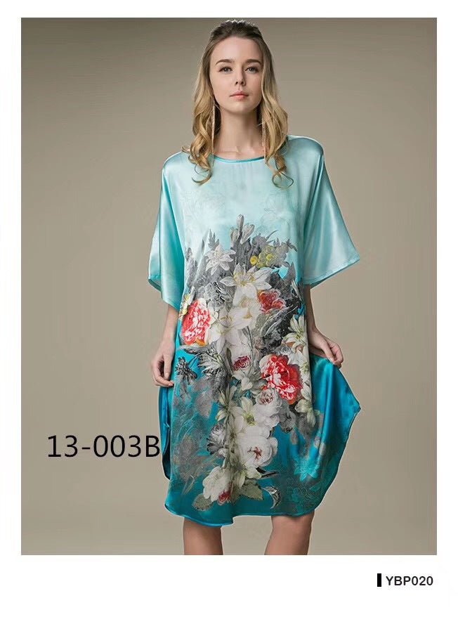 Women's Luxe Silk Bat Sleeve Nightdress - 100% Mulberry Silk Loose Fit Pajama Dress with Inkjet Prints