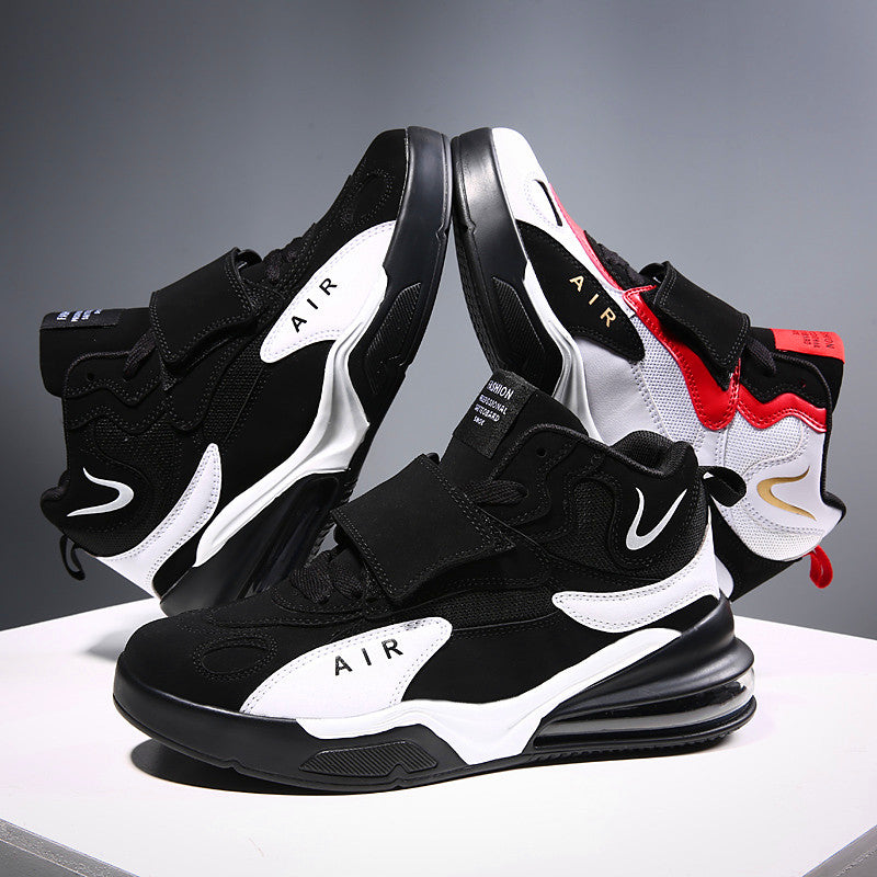 High-Top Basketball Shoes | Nylon & Leather Upper | PU Air Cushion Sole | Sizes 37–45 | White Red, Black, White