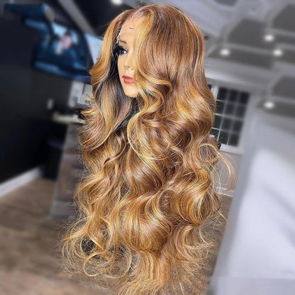 Honey Blonde Body Wave Lace Front Wig - Pre-Plucked with Highlights