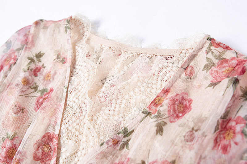 Premium Mulberry Silk Midi Dress - Lace V-Neck with Lotus Leaf Sleeves