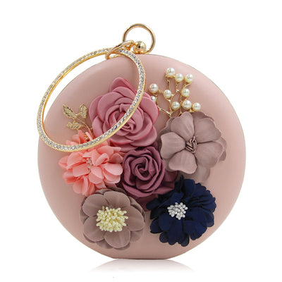 Elegant Round Box Clutch with Floral Detail - PU Leather Evening Bag