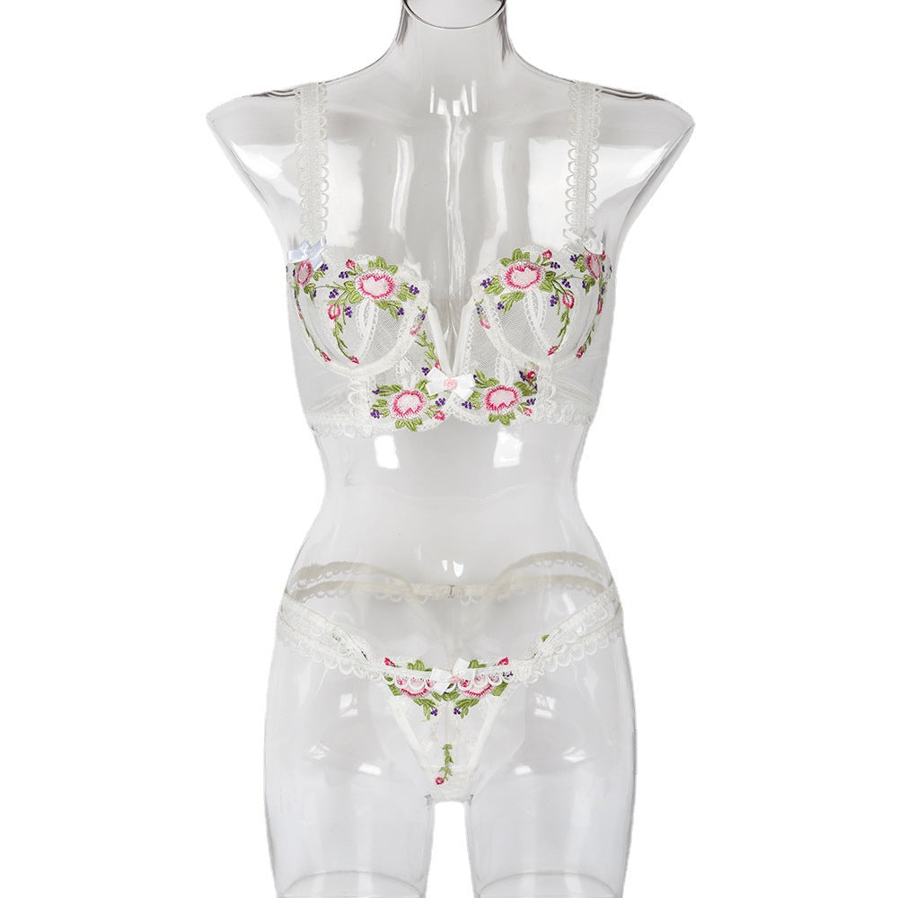 Women's Embroidered Mesh Lingerie Set - High-Density Floral Design Bra and Panty