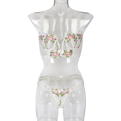 Women's Embroidered Mesh Lingerie Set - High-Density Floral Design Bra and Panty
