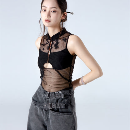 Chinese Style Pine Cypress Embroidered Hollow Gauze Top - Black