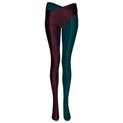 Crossed Two-Color Split-Leg Glossy Pants - Women's High Waist Nylon Leggings