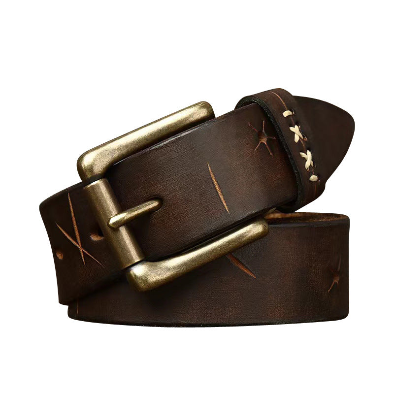 Washed-Out Vintage First Layer Cowhide Leather Belt - Genuine Leather Jeans Belt with Copper Pin Buckle