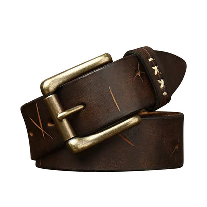 Washed-Out Vintage First Layer Cowhide Leather Belt - Genuine Leather Jeans Belt with Copper Pin Buckle