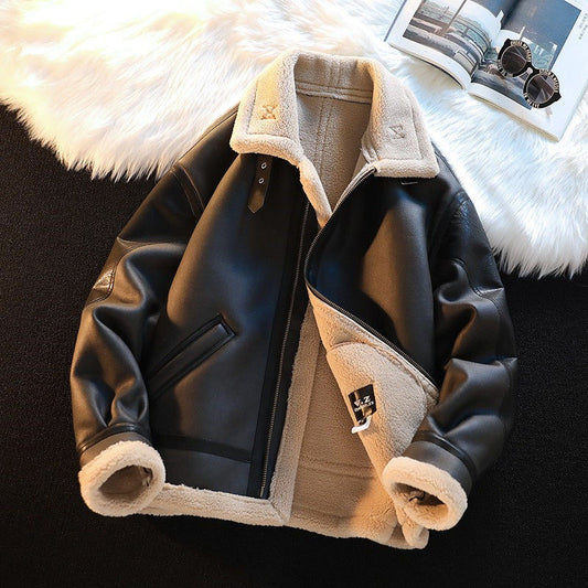 Men's Winter Fleece-Lined PU Leather Jacket with Lamb Wool