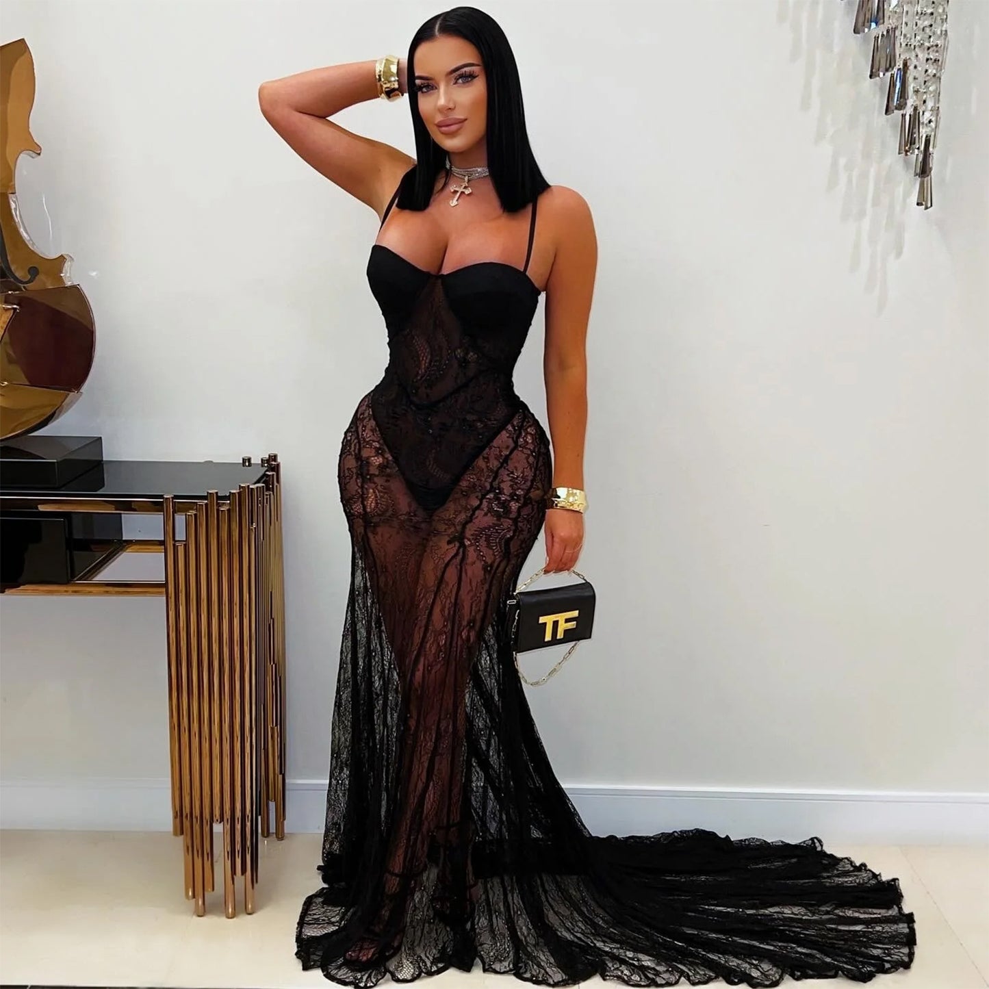 Women's Lace Sling Dress - Elegant Sleeveless Fishtail Skirt with See-Through Detail