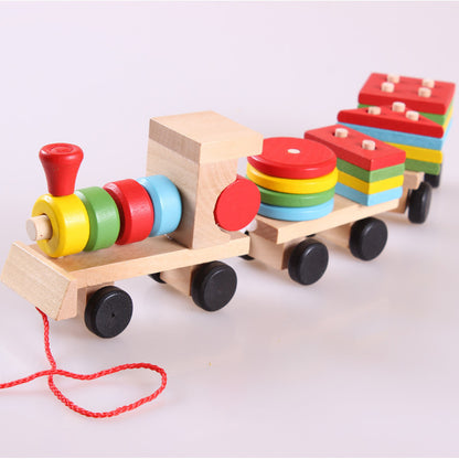 Wooden Train Toy Set with Shape Blocks - Educational Puzzle for Kids