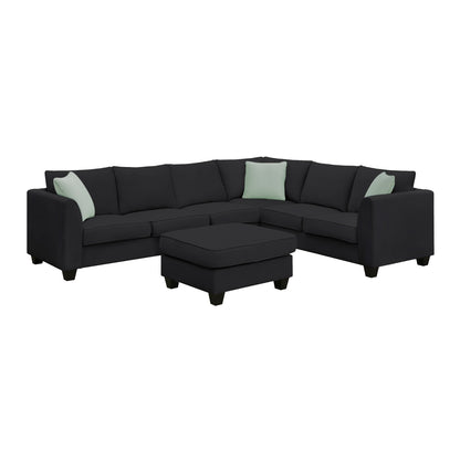 7-Seat Modular L-Shaped Sectional Sofa Set with Ottoman - 112" x 87" Black Polyester Fabric