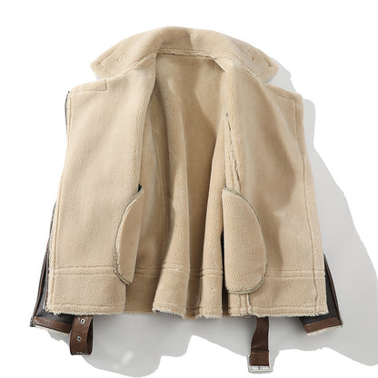 Plus Size Polo Collar Fleece-Lined Jacket - Thickened Fur Winter Coat