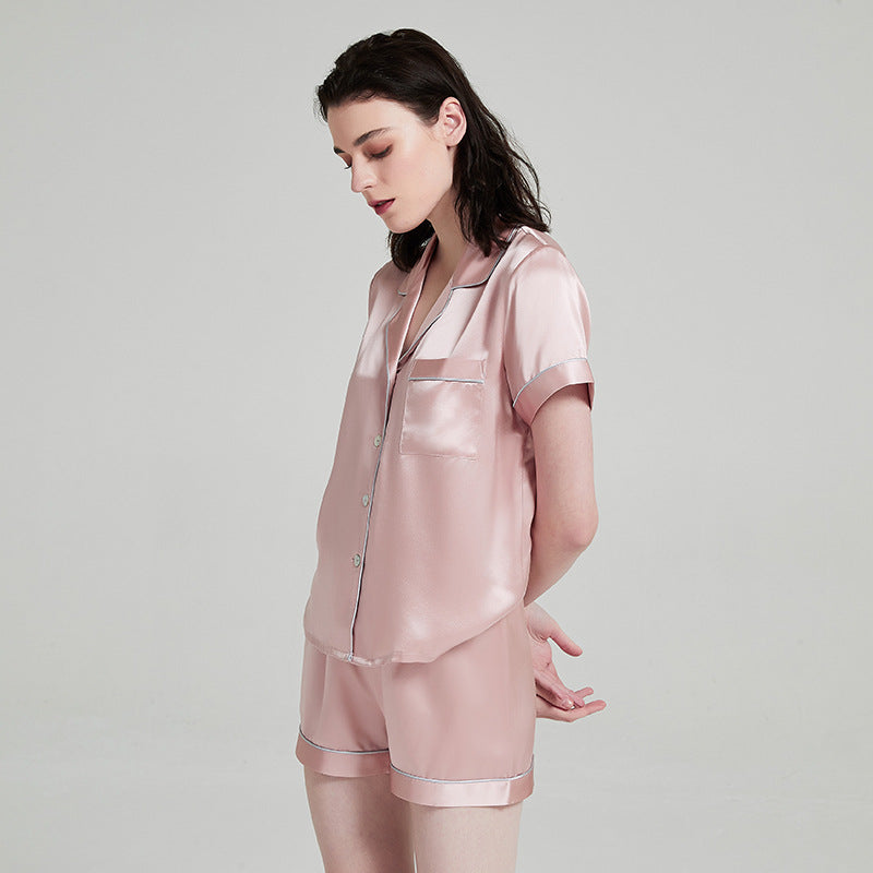 Women's Luxe Silk Short Sleeve Pajama Set - Mulberry Silk Summer Sleepwear with V-Neck Top and Shorts