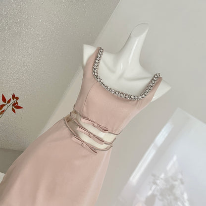 Women's Sleeveless Rhinestone Collar Bow Waist Cocktail Dress – Blush Pink Bridesmaid Gown