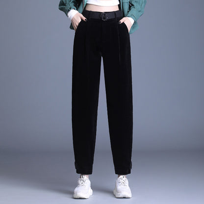 High Waist Cropped Corduroy Trousers - Women's Loose Fit Tooling Pants