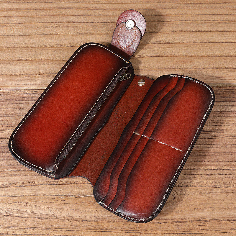 Men's Cowhide Leather Embossed Wallet - Long Bifold with Zipper Closure and Artistic Designs