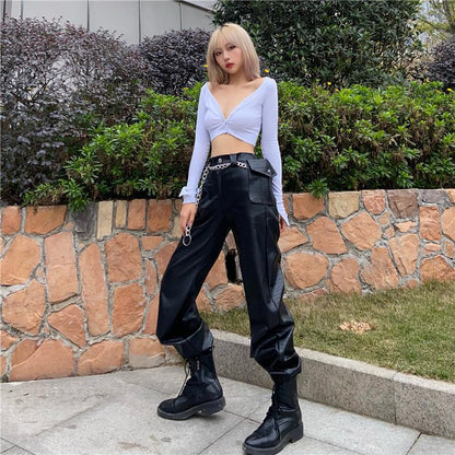 Black Textured Faux Leather Overalls - Urban Casual Pants for Women