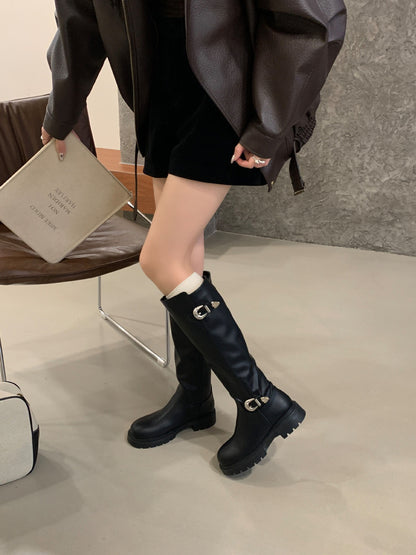 Women's High-Top Ankle Boots with Belt Buckle & Side Zipper