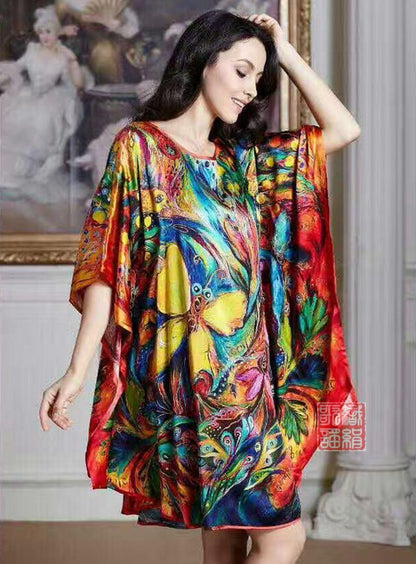 Women's Luxe Silk Bat Sleeve Nightdress - 100% Mulberry Silk Loose Fit Pajama Dress with Inkjet Prints