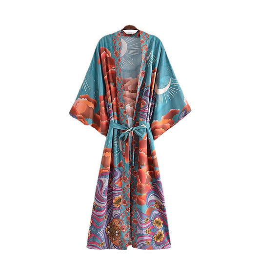 Women's Kimono Robe Gown Cover - Elegant Printed Spun Rayon Loungewear
