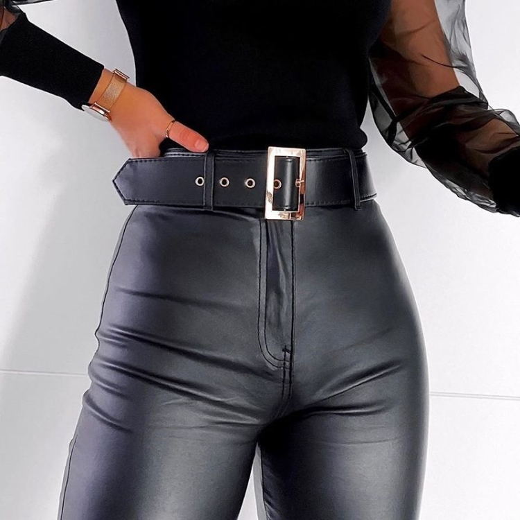 Women's PU Leather Pants - High-Waist Fitted Faux Leather Trousers