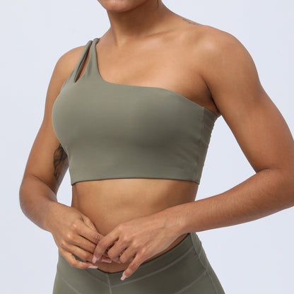 Women's Sports Bra - Slant Shoulder Strap Workout Top with Hollow-Out Design