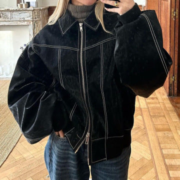 Women's Chenille Moto Biker Jacket - Loose Fit Lapel Zip-Up Jacket with Long Sleeves