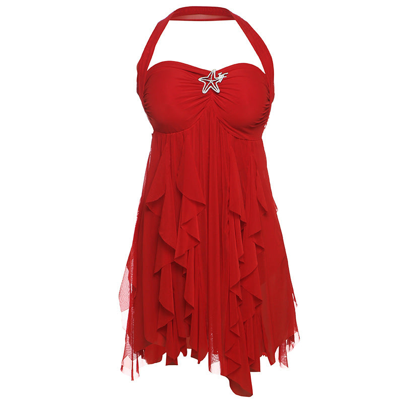 Halter Neck Backless Dress - Printed Irregular Mesh Short Dress for Summer