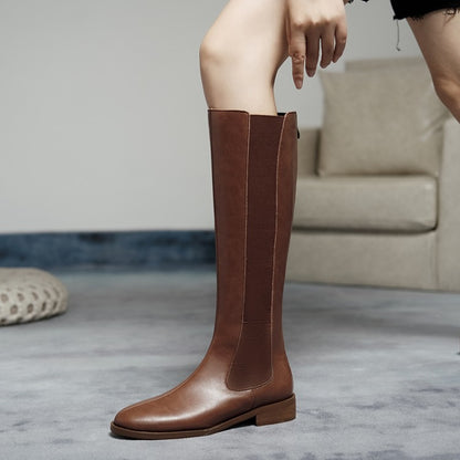 Women's Cow Leather High Rider Boots - Round Toe with Low Thick Heel
