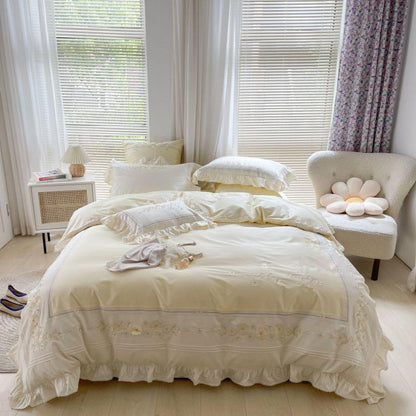 Premium Long-Staple Cotton Bedding Set - 4-Piece Lace Detail Collection