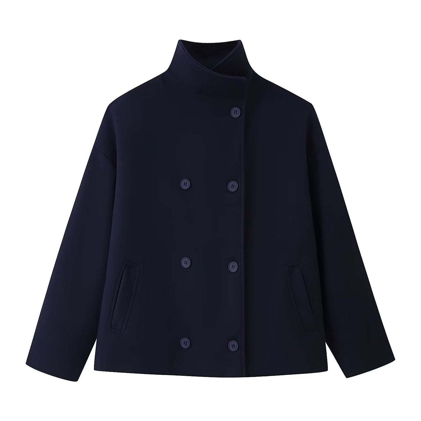 Women's Double-Breasted Wool Coat - Stand Collar Short Jacket with Pockets