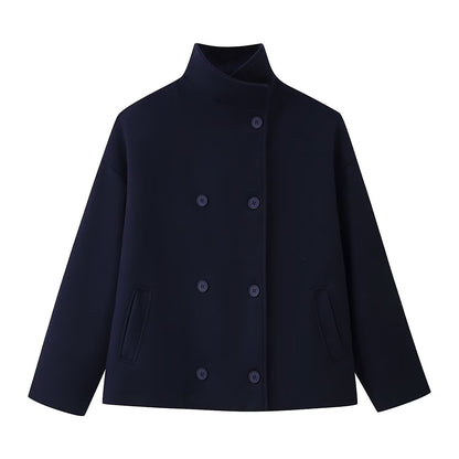 Women's Double-Breasted Wool Coat - Stand Collar Short Jacket with Pockets