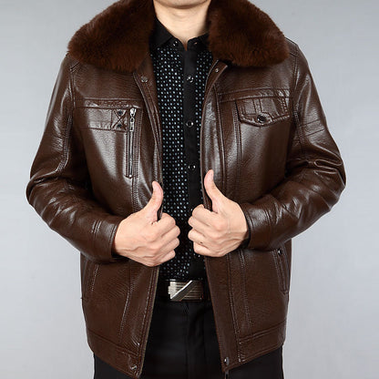 Men's Leather Jacket with Lapel and Fur Collar - Casual Outerwear for Middle-Aged