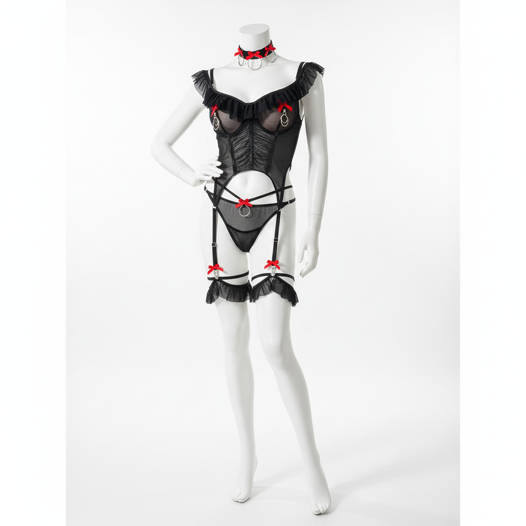 Women's Lace Bow Lingerie Set - Four-Piece Garter Collection with Collar