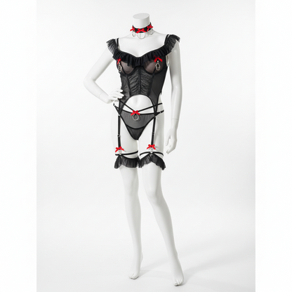 Women's Lace Bow Lingerie Set - Four-Piece Garter Collection with Collar