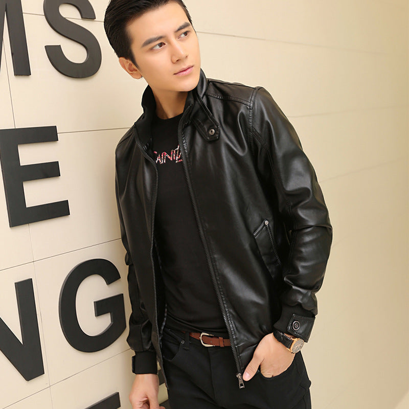 Men's Stand-Up Collar Leather Jacket - Korean Style PU Leather Padded Coat