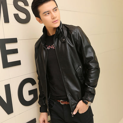 Men's Stand-Up Collar Leather Jacket - Korean Style PU Leather Padded Coat