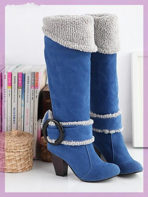 High Heel Knee-High Motorcycle Boots - Buckle Detail Fashion Boots