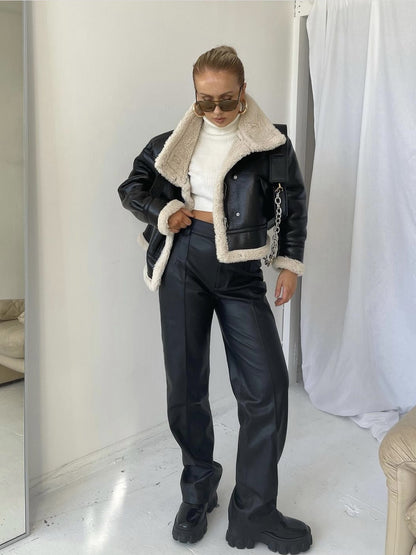 Women's PU Leather Jacket - Stand Collar Zipper Coat