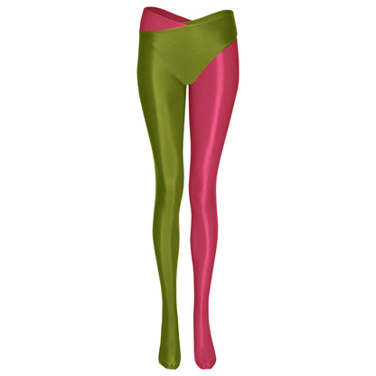 Crossed Two-Color Split-Leg Glossy Pants - Women's High Waist Nylon Leggings