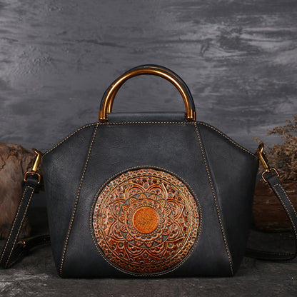 Genuine Leather Embossed Totem Tote Bag - Retro Shoulder Handbag