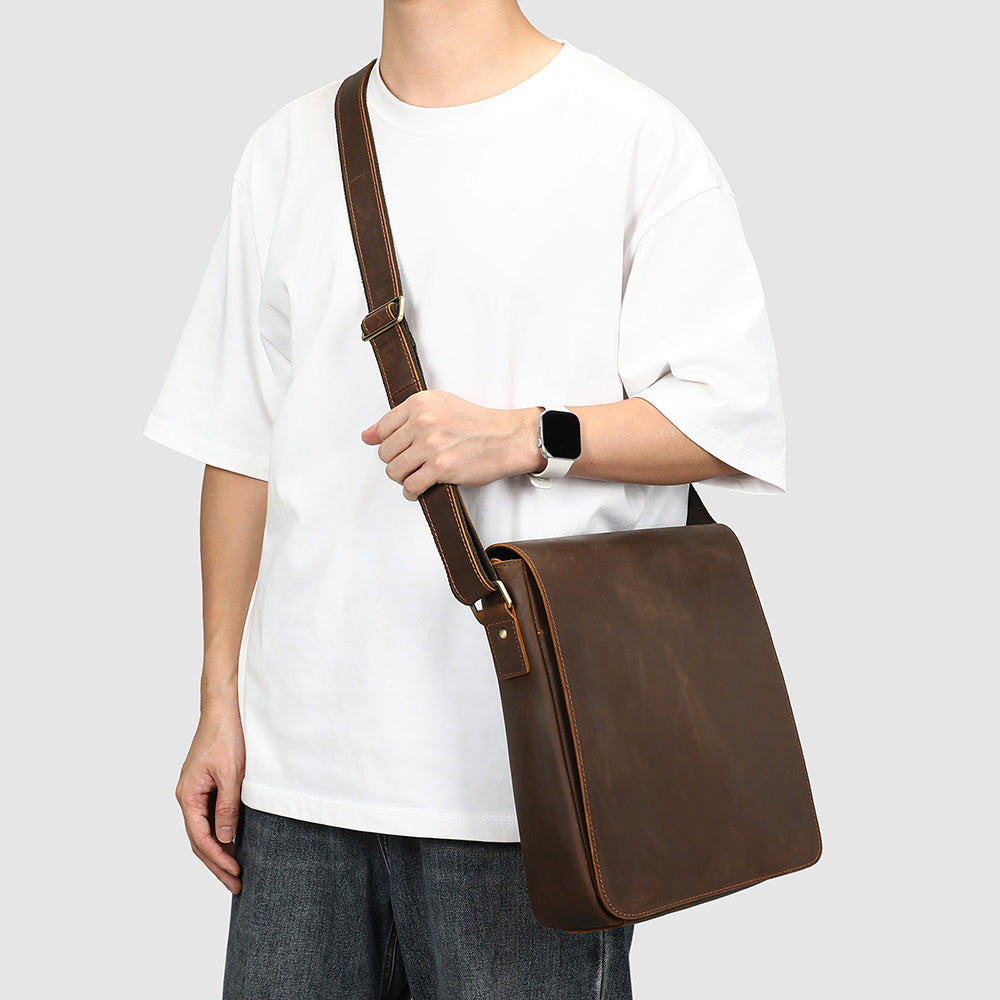 Men's Genuine Crazy Horse Leather Crossbody Bag - Retro Style