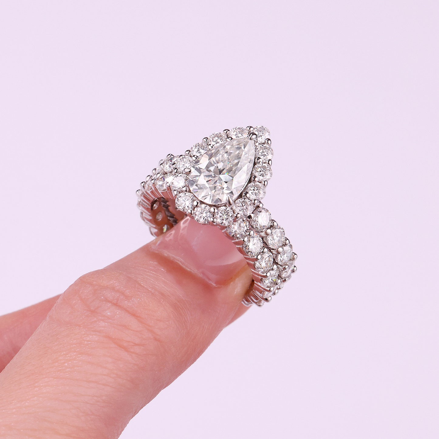 Pear-Shaped Moissanite Sterling Silver Ring - Platinum Plated Wedding Band